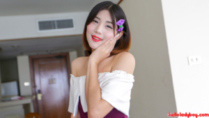 Alluring teen transgirl playful in first hardcore video scene