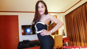 Sexy Ladyboy dressed for hardcore success in tight black dress