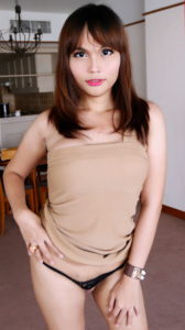 Hello Ladyboy Ayumi models in beige top and black panties