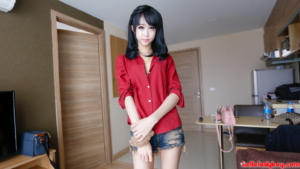Petite skinny TS dressed casual and ready for hardcore fun
